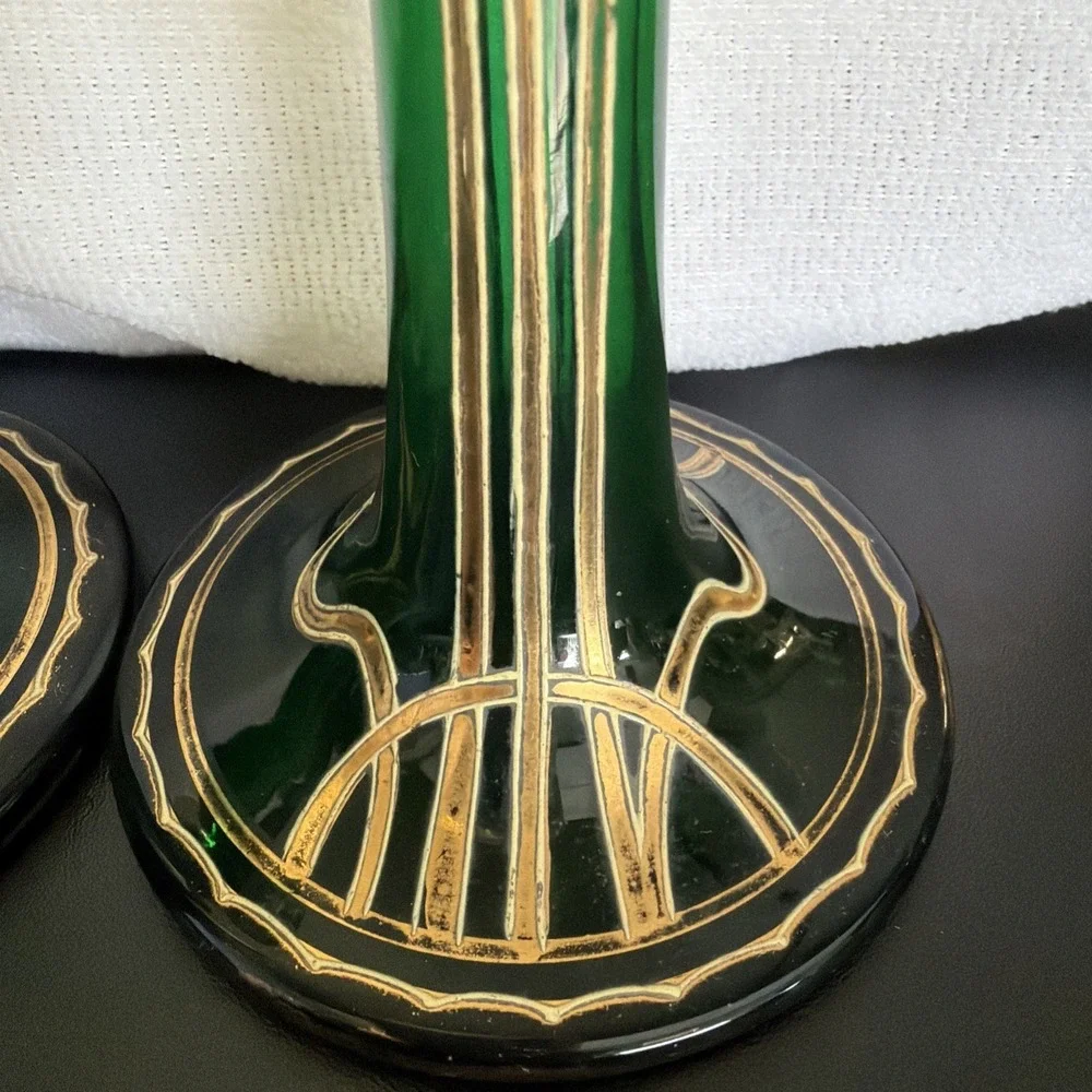 Vtg Art Nouveau Jugendstil Gold Gilded Green Satin Glass Vases 2 Ea Circa 1900s‎